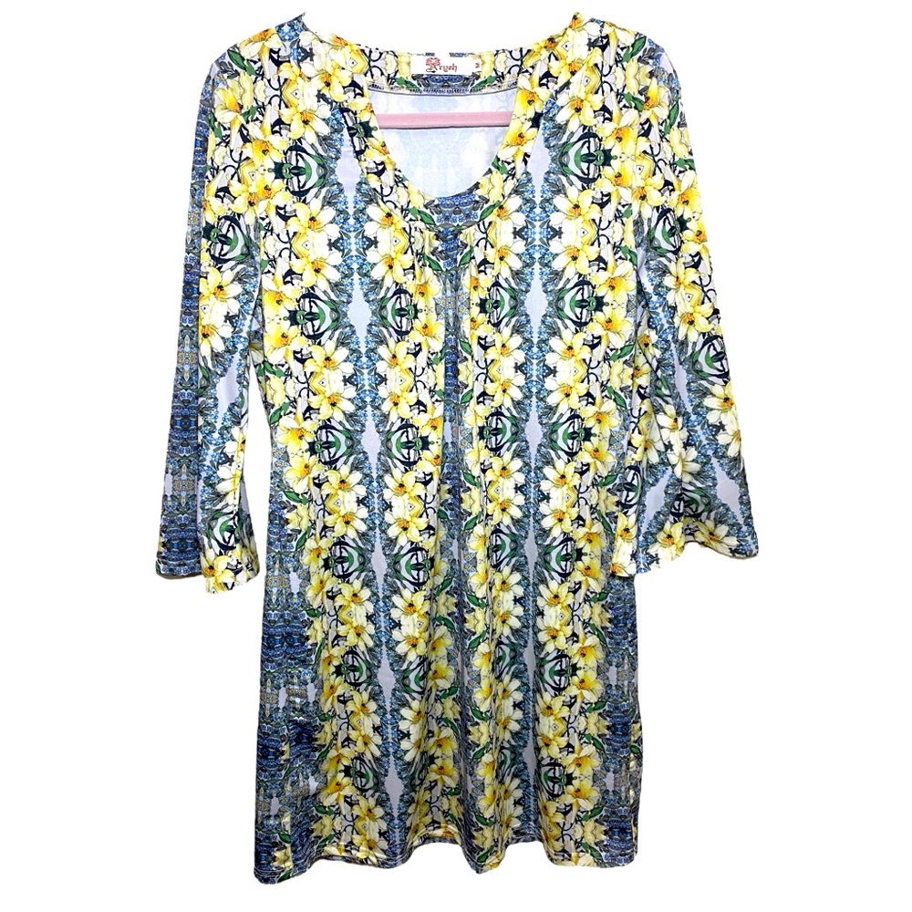 Aryeh floral tunic dress Womens Medium Flowers Spring Easter blue yellow